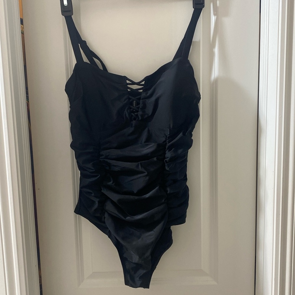 Torrid Wire-Free Lightly Lined Mid Coverage Lattice Front swimsuit